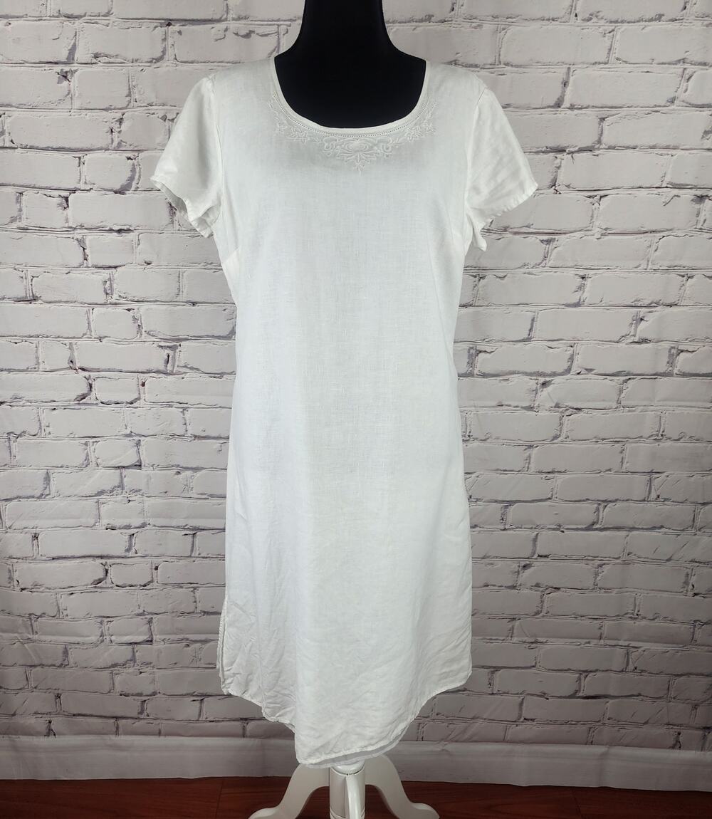 Liz Claiborne shift dress 100% linen Womens 1p Lagenlook  boho chic embroidered